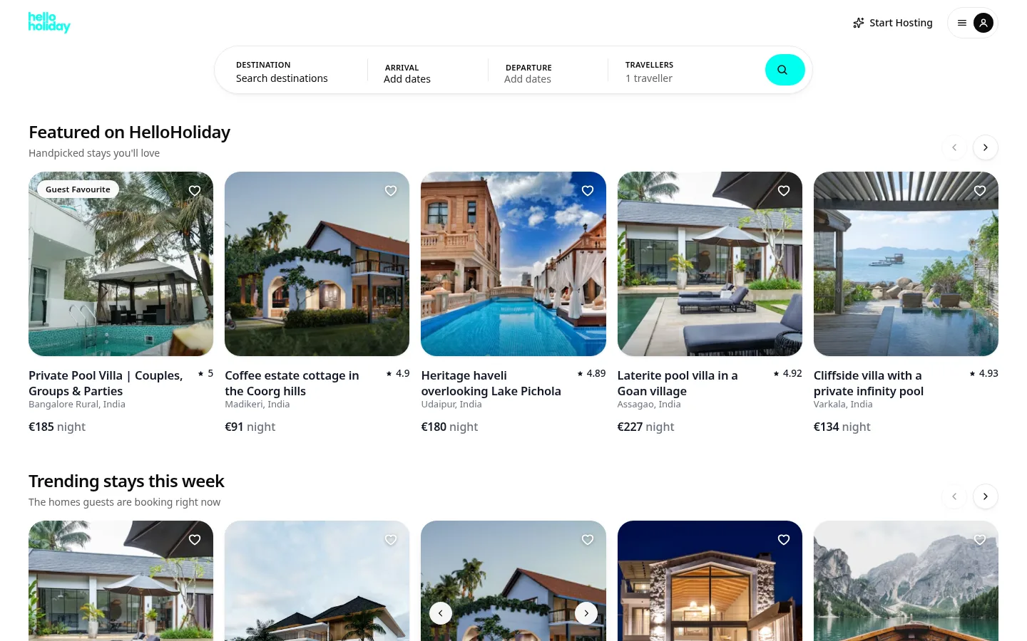 HelloHoliday website homepage — Travel & Hospitality / Vacation Rental Platform